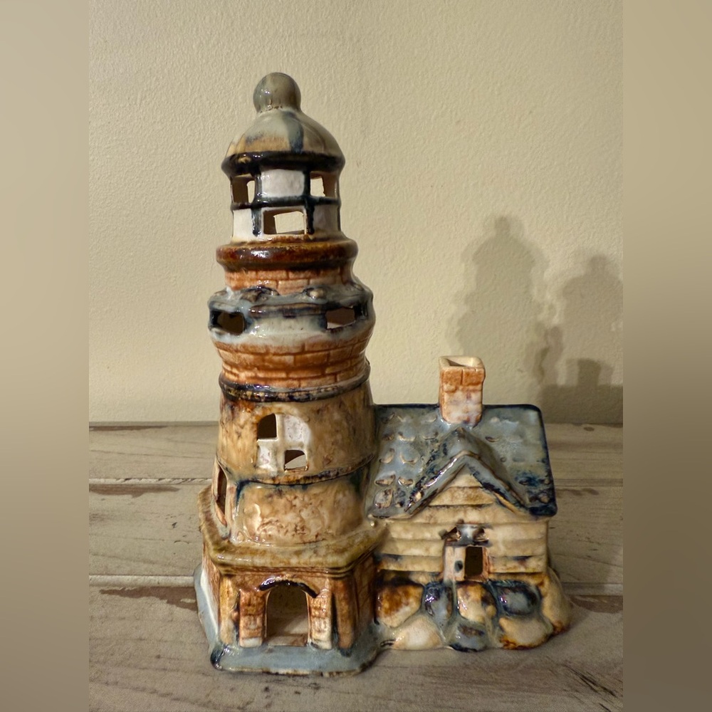Rustic Ceramic Lighthouse Tea Light Candle Holder Figurine